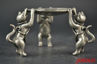 China Collectible Noble Decorate Old Miao Silver Carve 3 Cat Hold Candlestick photo