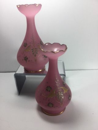 Victorian Vases Bristol Glass Pair Pink Enamel Decorated photo