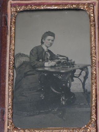 Antique 1860s Tintype Photo Woman & Fancy Leg Florence Treadle Sewing Machine photo