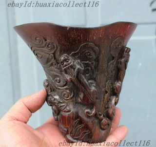 Collect Chinese Ox Horn Hand - Carving Lion Pixiu Beast Statue Sculpture Cup Cups photo