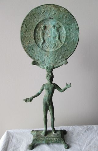 Ancient 5th - 4th Century B.  C Etruscan Roman Figure Holding Wine Cup Bronze Mirror photo