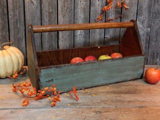 Primitive Vintage Old Wood Carpenter Tool Box Carrier Garden Tote Teal Green photo