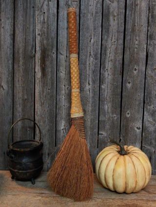 Primitive Vintage Old Hearth Broom Unique Weaved Staff Witch Halloween photo