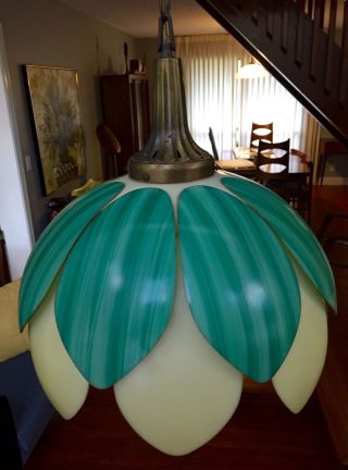 Vintage Green Mid Century Lotus Tulip Hanging Light Lamp Chandelier Flower Swag photo