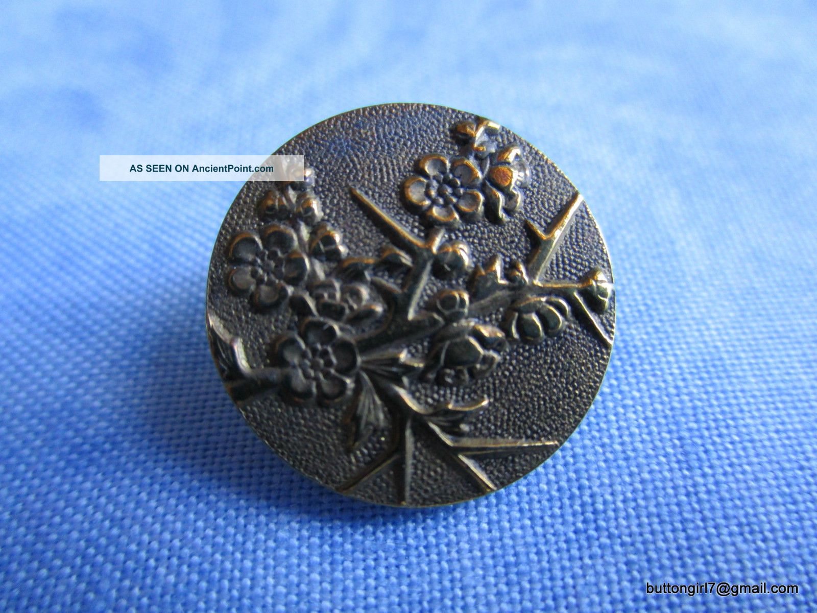 3051 - J – French Tight Button Cherry Blossoms Motif Medium 1800’s Brass Button Buttons photo