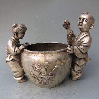 Chinese Silver Bronze Handwork Carved Lotus Crock & 2 Child W Qianlong Mark photo