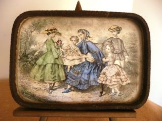 Antique Ladies Godey ' S Dresser Tray Mother With Her Four Children photo