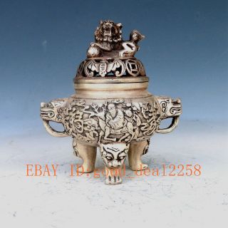 Chinese Silver Copper Handwork People And Deer Incense Burner W Qianlong Mark photo