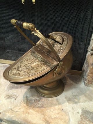 Antique Vintage Brass Embossed Repousee Coal Scuttle W/shovel Detail photo