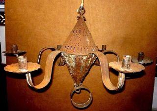 Antique Primitive England Punched Tin Candle Chandelier With 6 Arms.  Estate photo