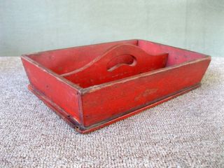 Antique Knife Tray Cutlery Box Utensil Primitive Pine Wood,  Great Old Red Paint photo