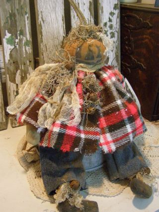 Primitive Scarecrow Pumpkin Doll Old Wool,  Old Photo,  Folk Art Pumpkin Doll photo