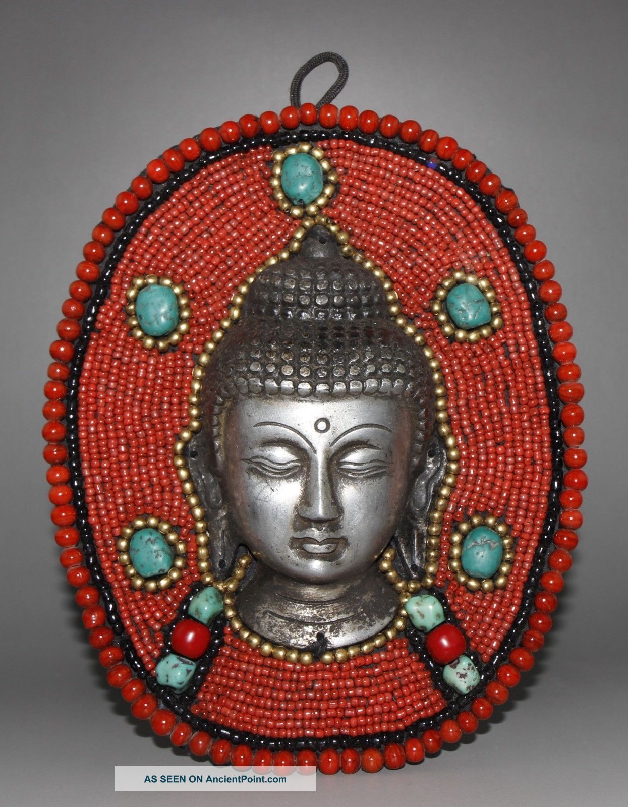 Old Tibet Silver Mosaic Turquoise Red Coral Sakyamuni Buddha Statue Wall Hanging Tibet photo