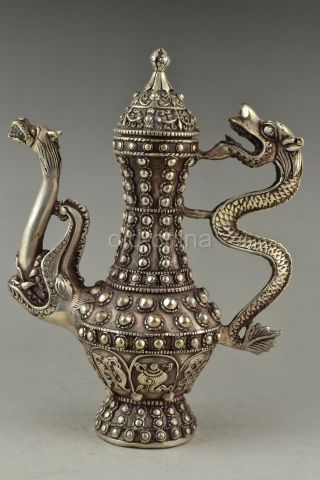 China Collectible Delicate Handwork Old Tibet Silver Carve Dragon Teapot Noble photo