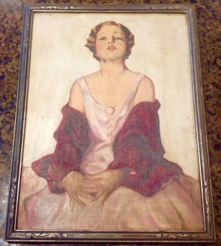 Great Antique 1920s Art Deco Oil Painting Of A Flapper Girl photo
