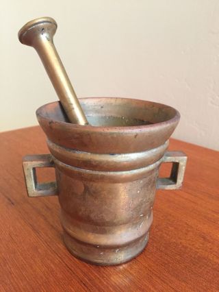 Vintage Brass Mortar And Pestle Stamped Denmark Great Patinas 4 Inches Tall photo