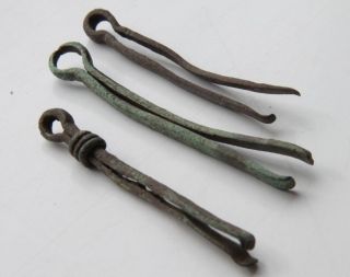 Ancient Roman Period Groop Of 3 Bronze Cosmetic Tweezers Tools 200 - 400 Ad photo