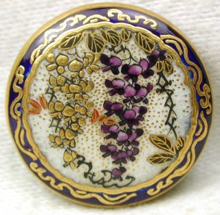 Antique Meiji Satsuma Button Wisteria W Gold Accented Cobalt Border 15/16 