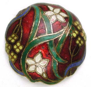 Antique French Enamel Button Colorful Floral Dome Scallop Border - 1 