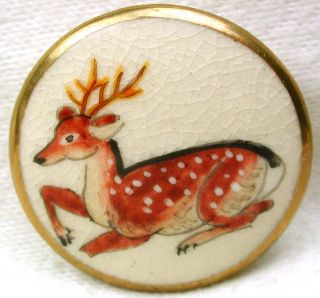 Vintage Satsuma Button Hand Painted Resting Deer Design W/ Gold Accents 1 & 1/8 photo