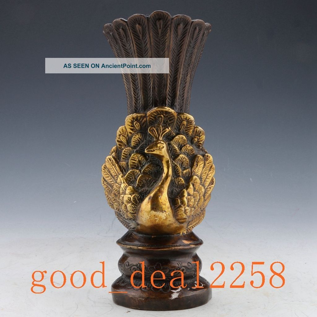 Chinese Bronze Gilt Hand - Carved Peacock Vase W Qian Long Mark Vases photo