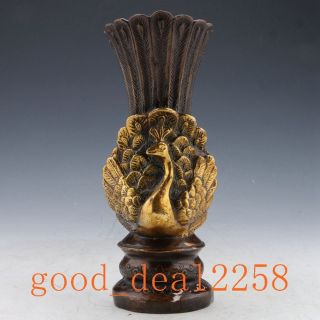Chinese Bronze Gilt Hand - Carved Peacock Vase W Qian Long Mark photo