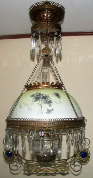 Antique Brass B&h Bradley Hubbard Victorian Hanging Oil Lamp Frame Motor Jeweled photo