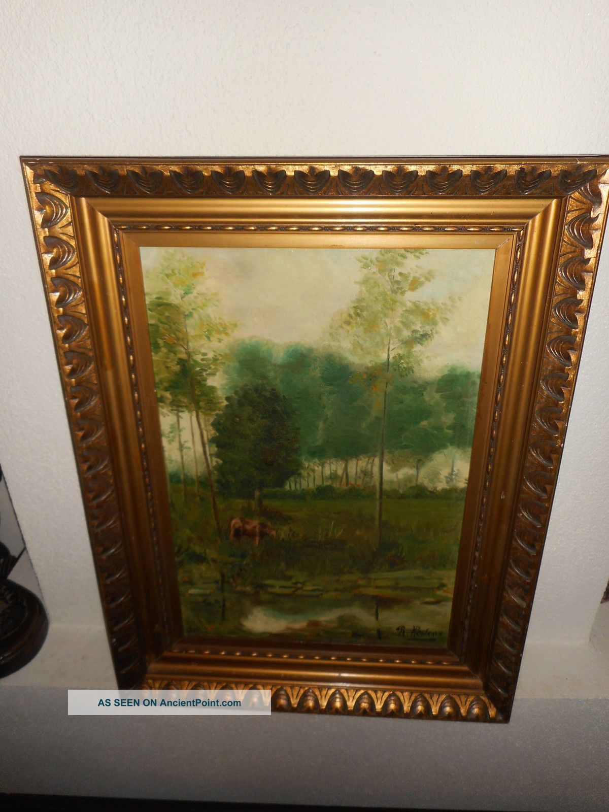 Antique Oil Painting,  { Landscape Wih Cow Near A River,  Is Signed,  Frame }. Other Antique Decorative Arts photo