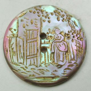 Antique Carved Iridescent Shell Button Woman Outside Gate Pictorial - 11/16 
