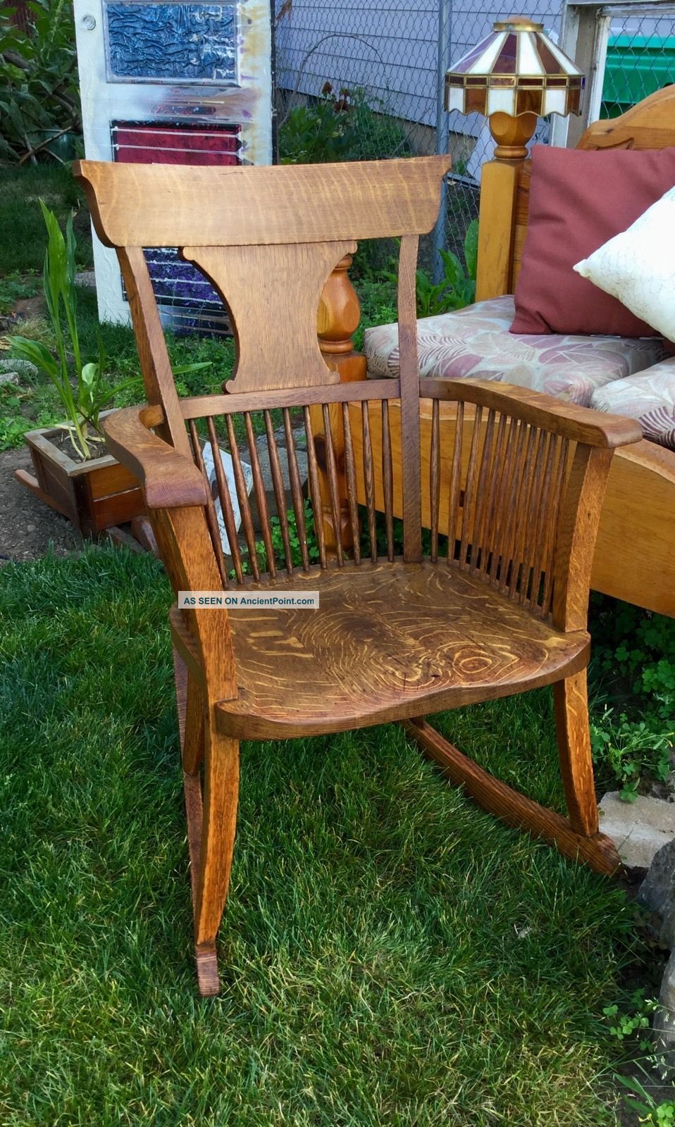 Gorgeous Handmade Amish Style Solid Oak Curved Back Rocking Chair Slated Rockers 1900-1950 photo
