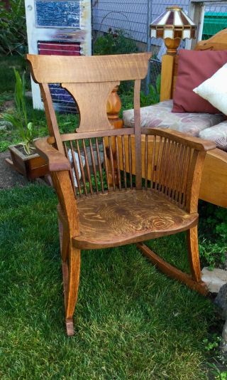 Gorgeous Handmade Amish Style Solid Oak Curved Back Rocking Chair Slated Rockers photo