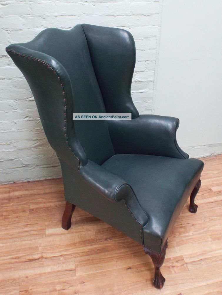 Offer - Antique Mahogany And Green Leather Wing Back Armchair 1800-1899 photo