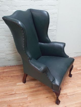 Offer - Antique Mahogany And Green Leather Wing Back Armchair photo