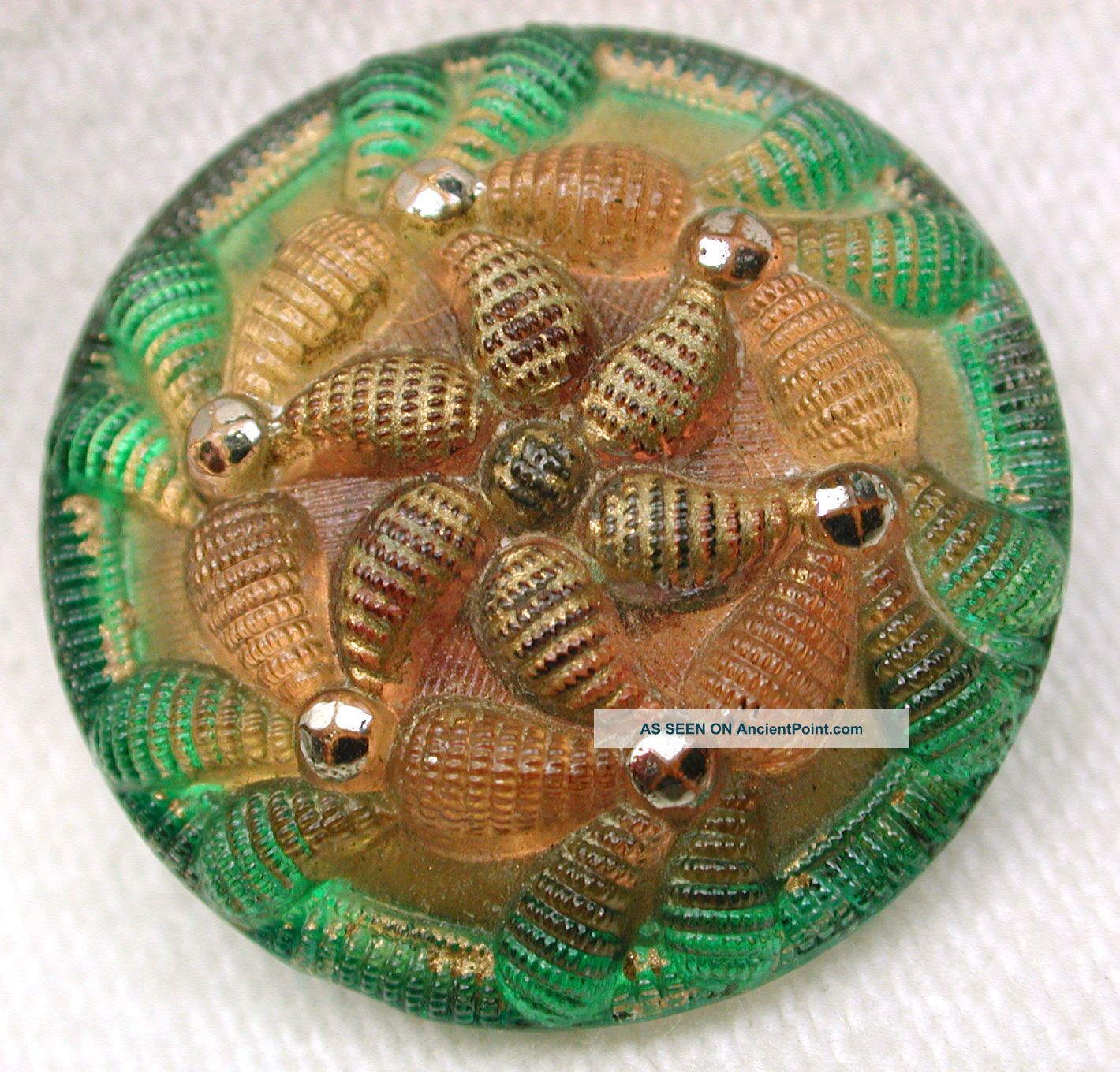 Antique Lacy Glass Button Green & Gold Embroidered Petal Design 7/8 