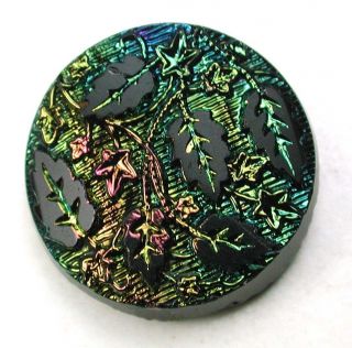 Antique Black Glass Button Leaves Design W/ Colorful Carnival Luster - 11/16 Inch photo