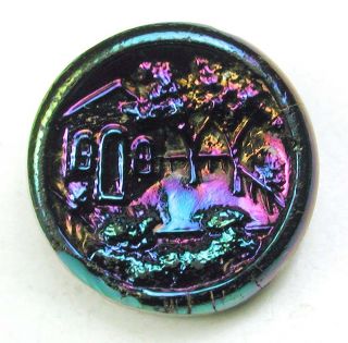 Antique Black Glass Button Quaint Cottage Scene W/ Carnival Luster - 11/16 Inch photo
