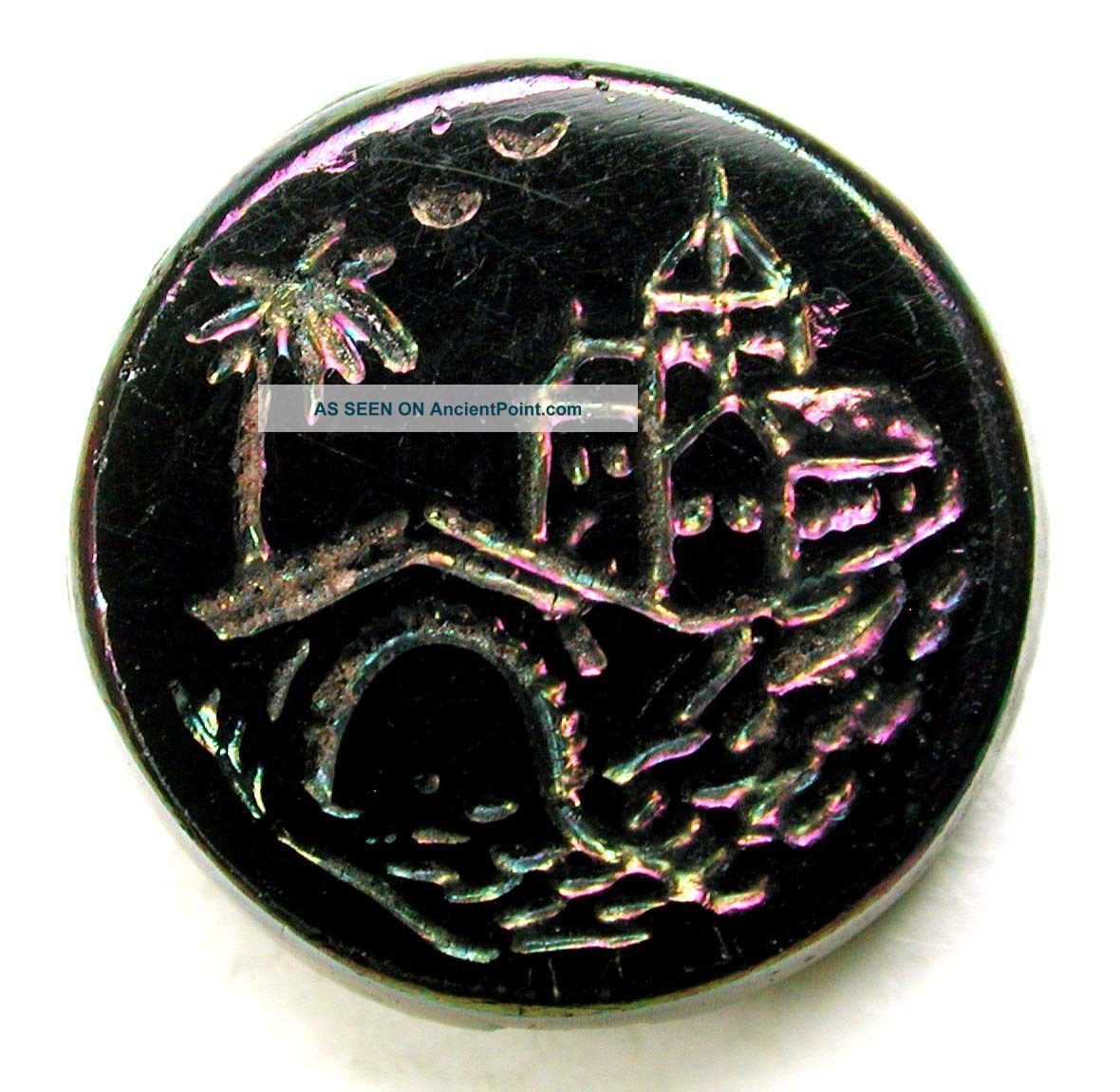 Antique Black Glass Button Bridge Leads To Village W/ Carnival Luster - 5/8 Inch Buttons photo