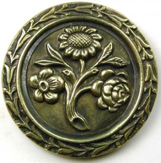 Lg Sz Antique Brass Button 3 Flowers Rose,  Sun Flower,  Posy Design - 1 & 5/16 
