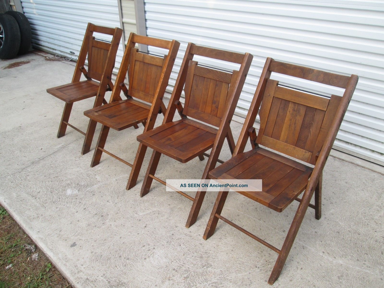 4 Vintage Oakwood Chair Co.  Patio Folding Garden Church Cottage Wood Slat Chairs Post-1950 photo