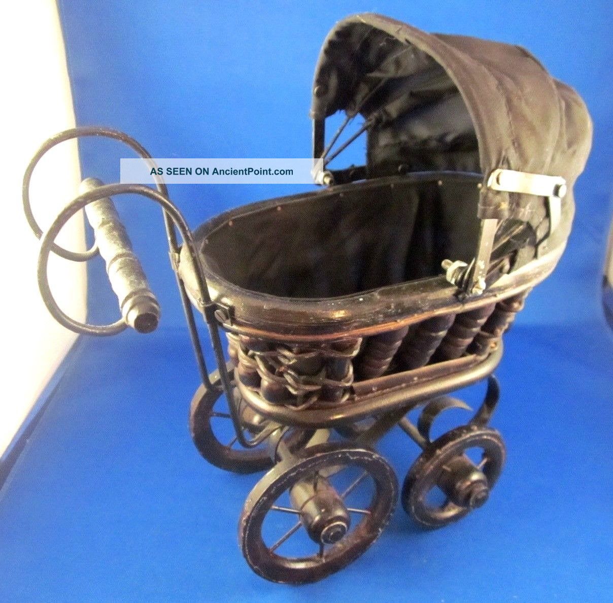 Vintage Baby Doll Stroller/pram Black Wood Cast Iron Wicker Canvas 10 