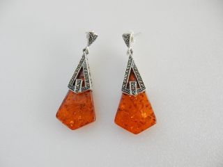 Fine Sterling Silver Art Deco Amber & Marcasite Droplet Earrings Hallmarked photo