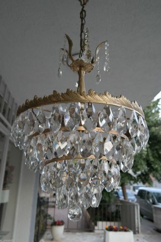 Antique,  Vintage French Basket Style Crystal Chandelier Lamp Light1940 ' S16 In. photo