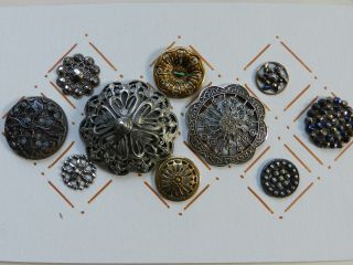10 Antique Openwork Brass & White Metal Buttons All Are Pierced Some Cut Steel photo