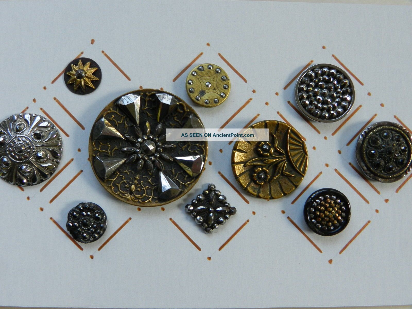 10 Antique Brass & White Metal Buttons With Cut Steel Embellisment. Buttons photo