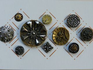 10 Antique Brass & White Metal Buttons With Cut Steel Embellisment. photo