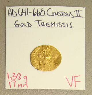 Ad 641 - 668 Constans Ii Ancient Byzantine Gold Tremissis Vf photo