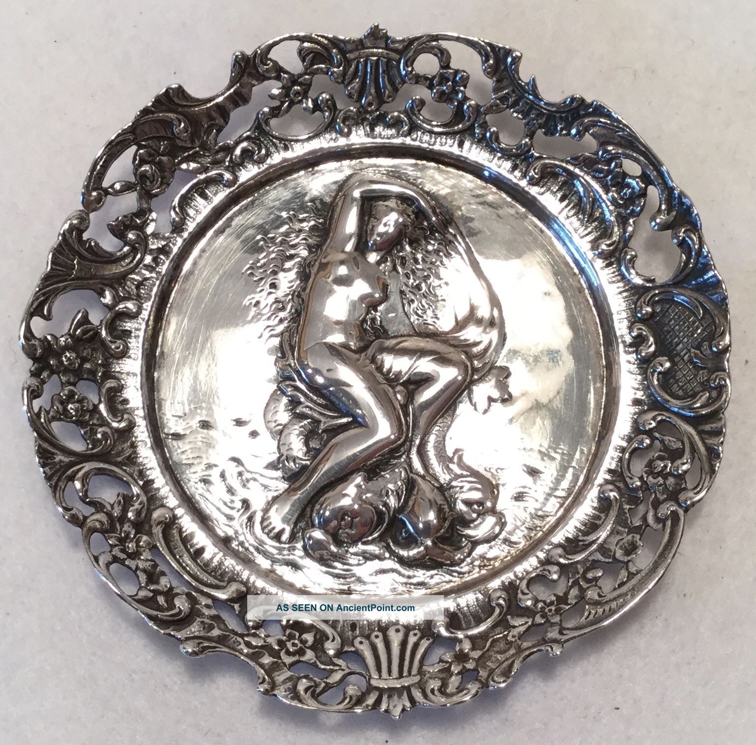 19th C.  European 900 Silver Pierced Repousse Ring Tray - Water Nymph W/ Dolphins Coin Silver (.900) photo