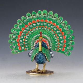 Chinese Cloisonne Copper Handwork Inlaid Rhinestone Peacock Shape Box C773 photo