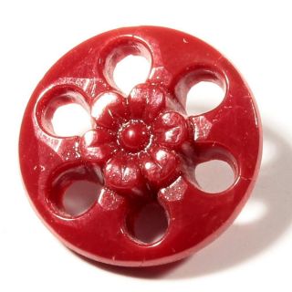 (1) 18mm Antique Art Nouveau Czech Dark Red Pierced Faceted Flower Glass Button photo
