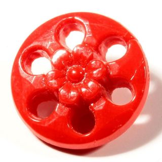 (1) 18mm Antique Art Nouveau Czech Bright Red Pierced Facet Flower Glass Button photo